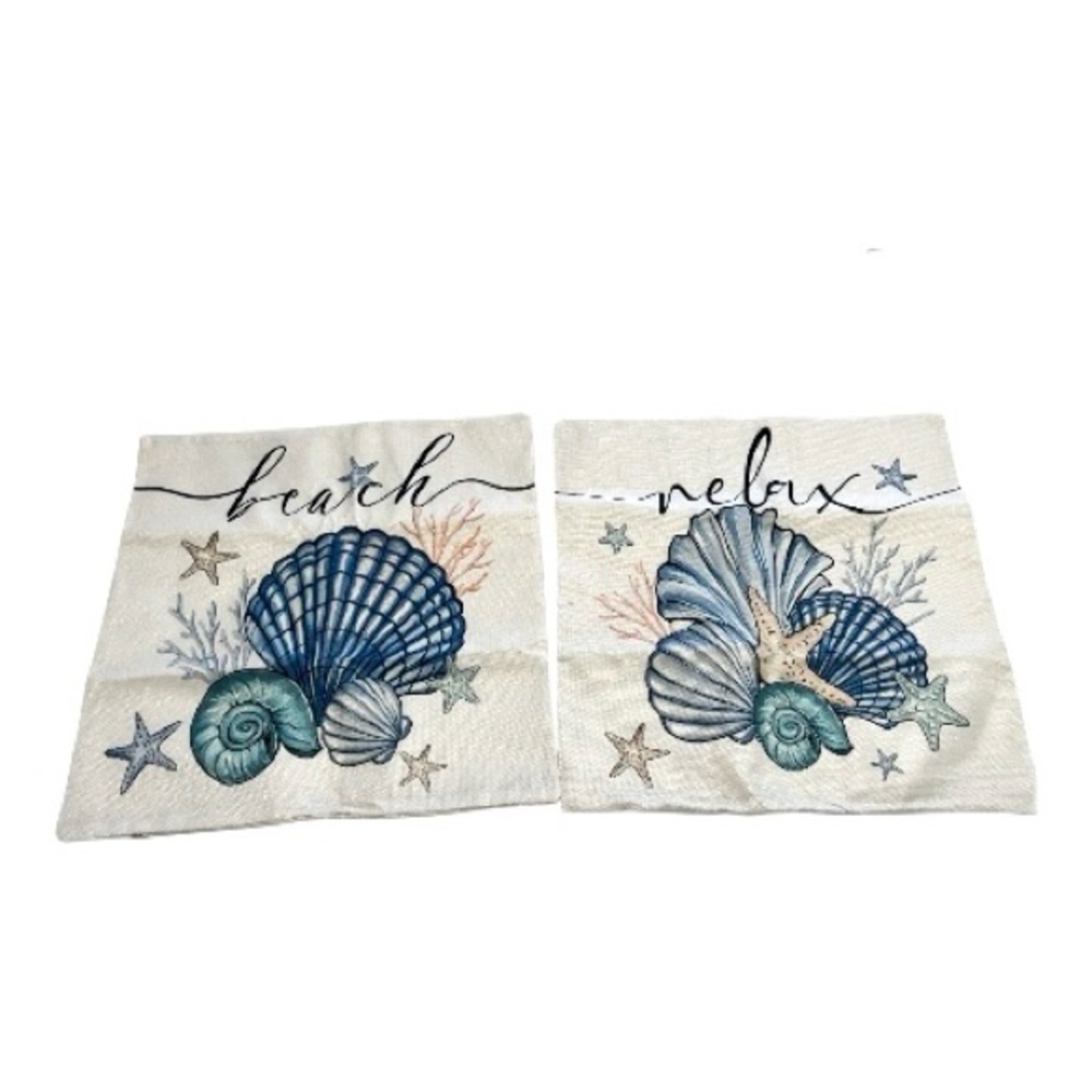 Two Seashell Accent Pillow Covers, Blue & Cream Shells Nautical Accents NWOT